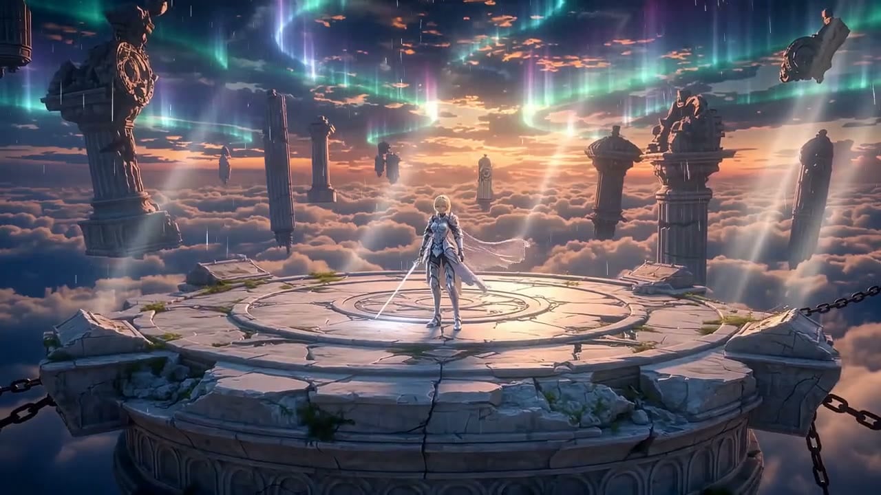 Armored heroines duel under an aurora