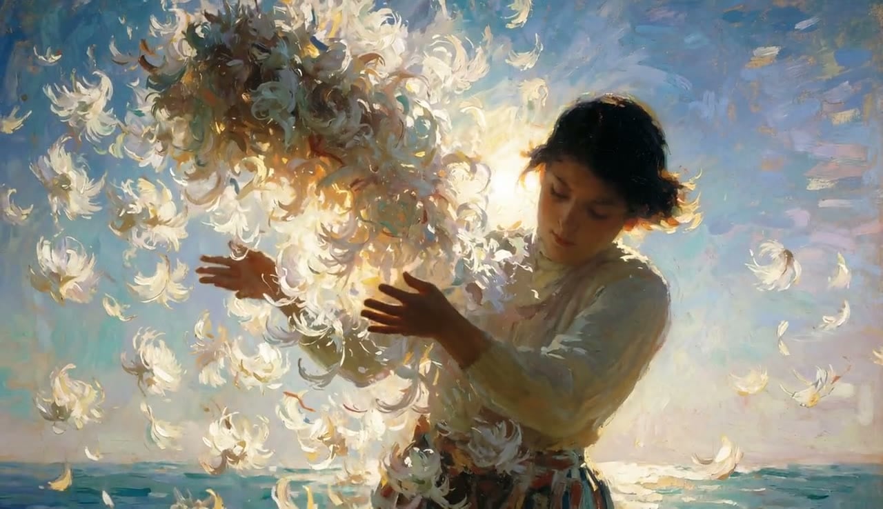 Painterly girl in a swirl of white petals