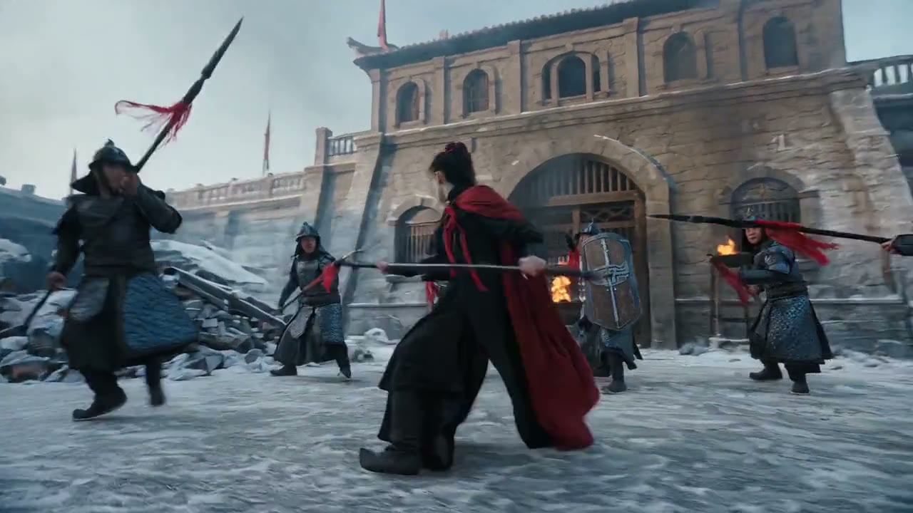 Swordswoman battles soldiers in the snow