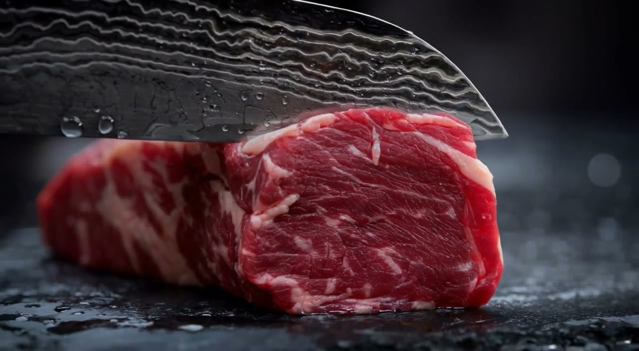 Damascus knife slicing marbled wagyu