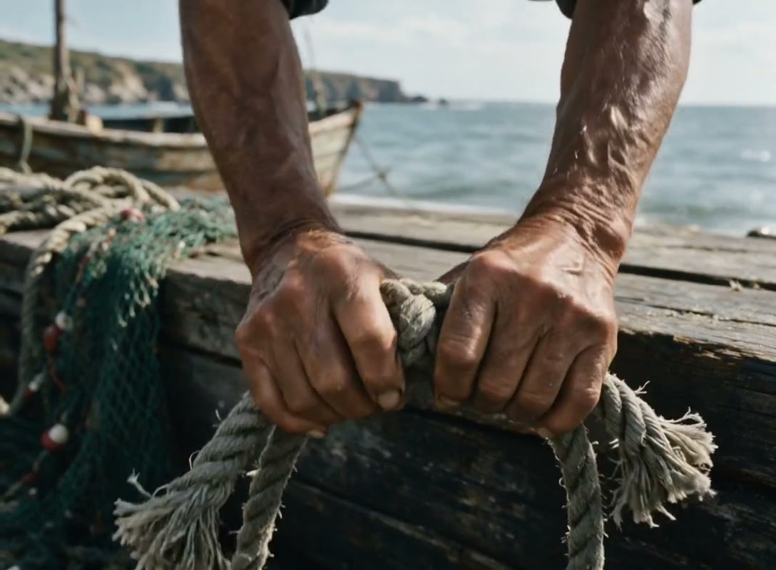 Fisherman hauls nets in a seaside village
