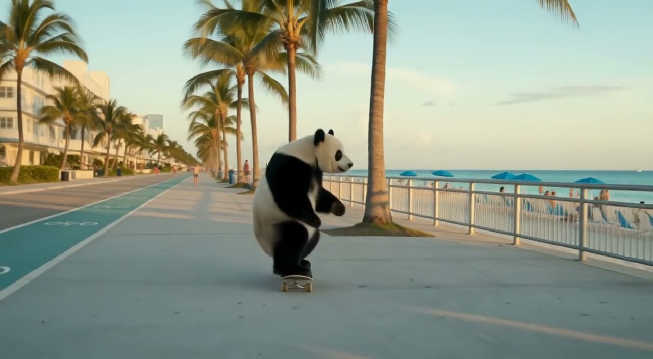 Panda skateboarding a palm-lined boardwalk