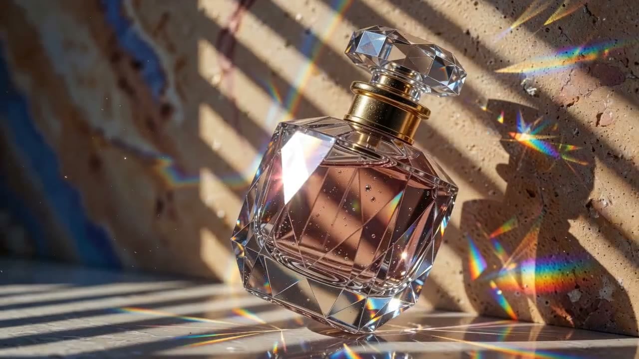Seedance 2.0 Fast video still: perfume bottle in rainbow window light