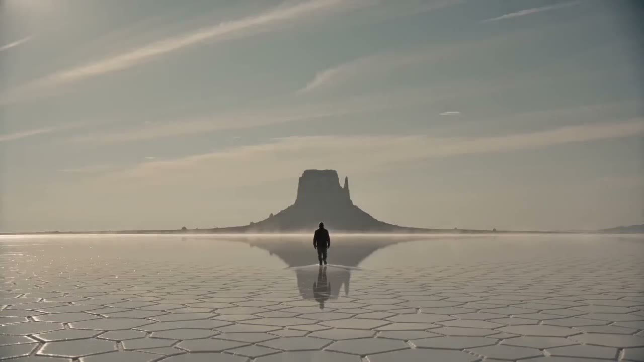 Seedance 2.0 Mini video still: a lone walker on a mirrored salt flat