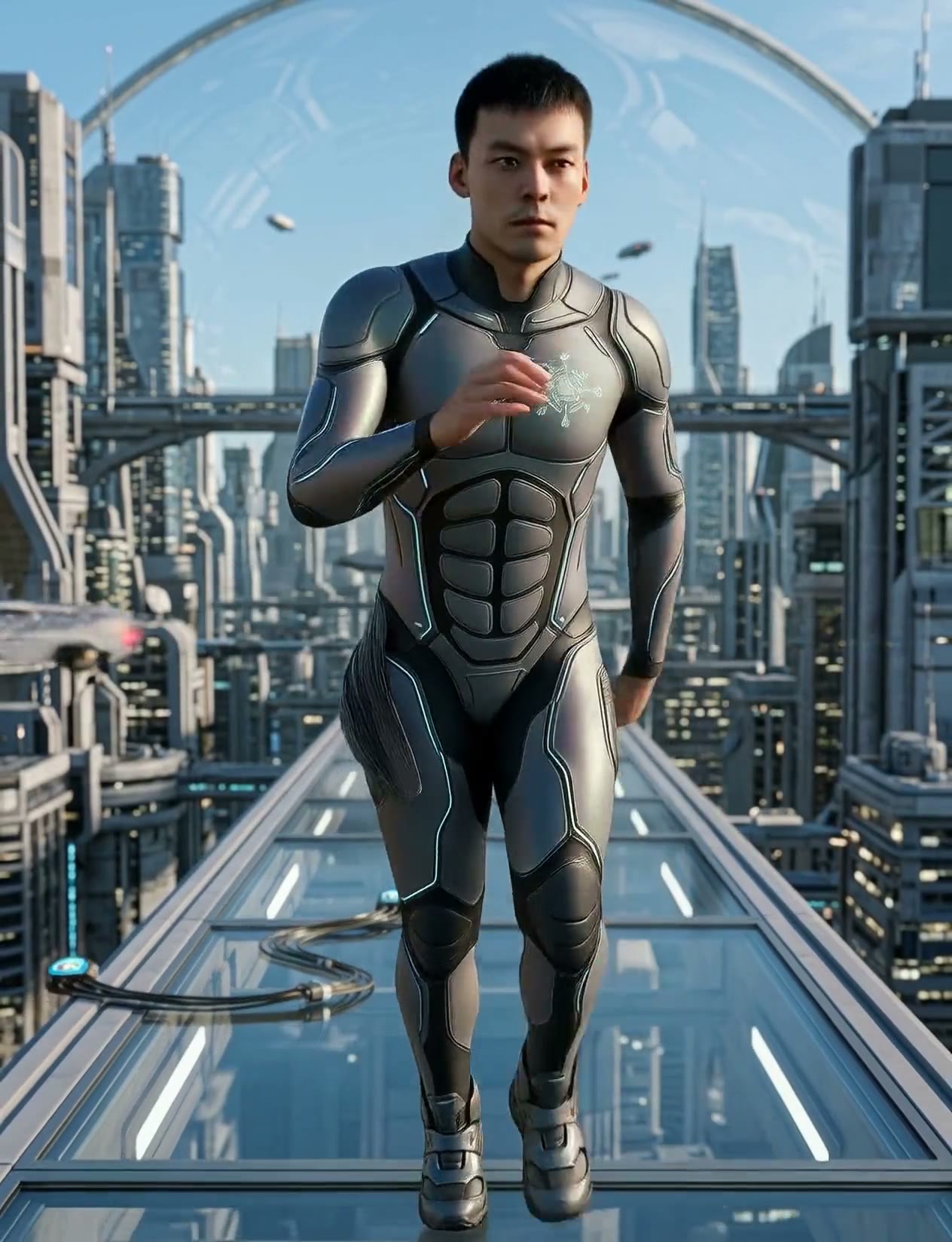Sci-fi runner on a glass skybridge