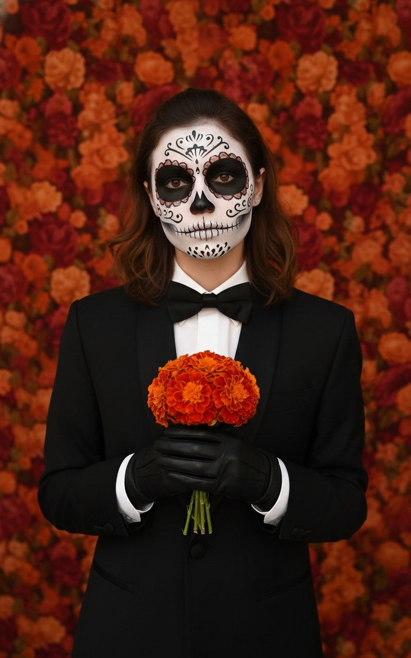 AI-generated sample for “Sugar-Skull Makeup in a Tuxedo”