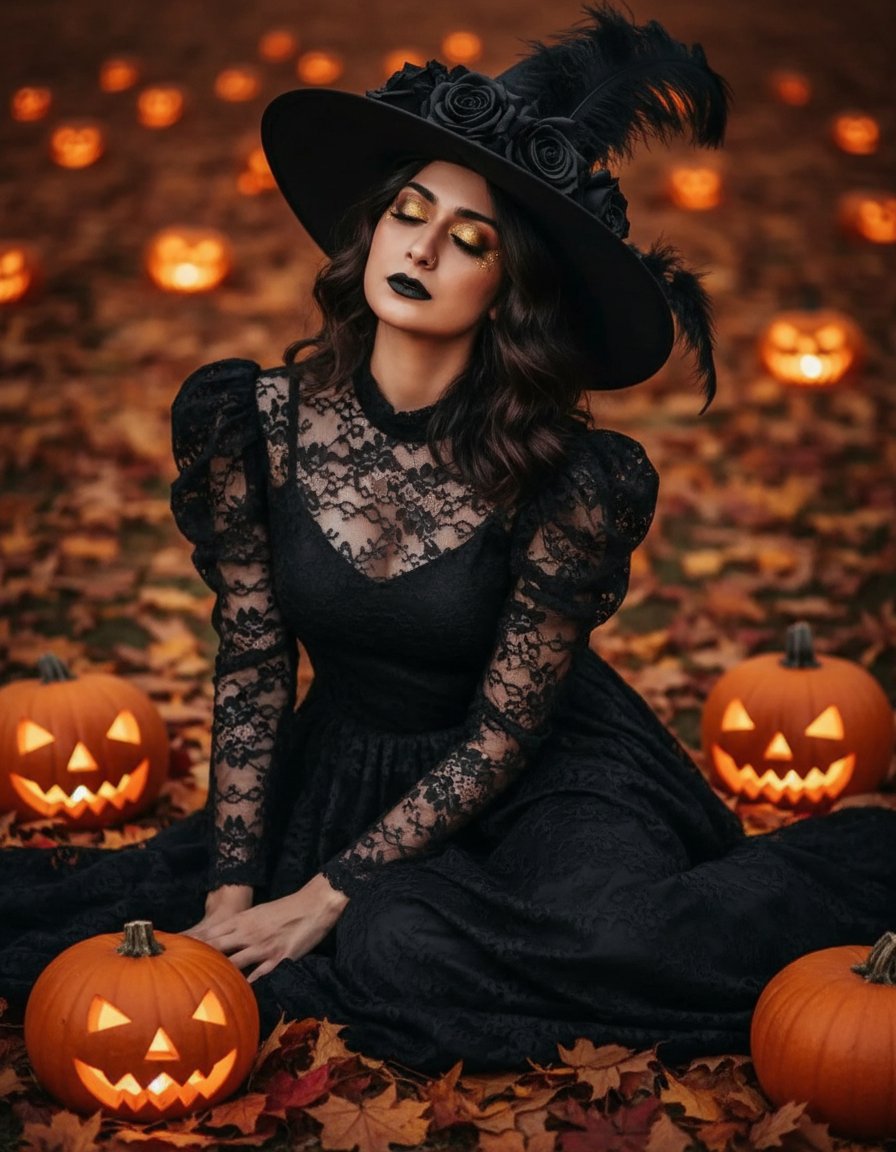 AI-generated sample for “Gothic Witch with Jack-o'-Lanterns”