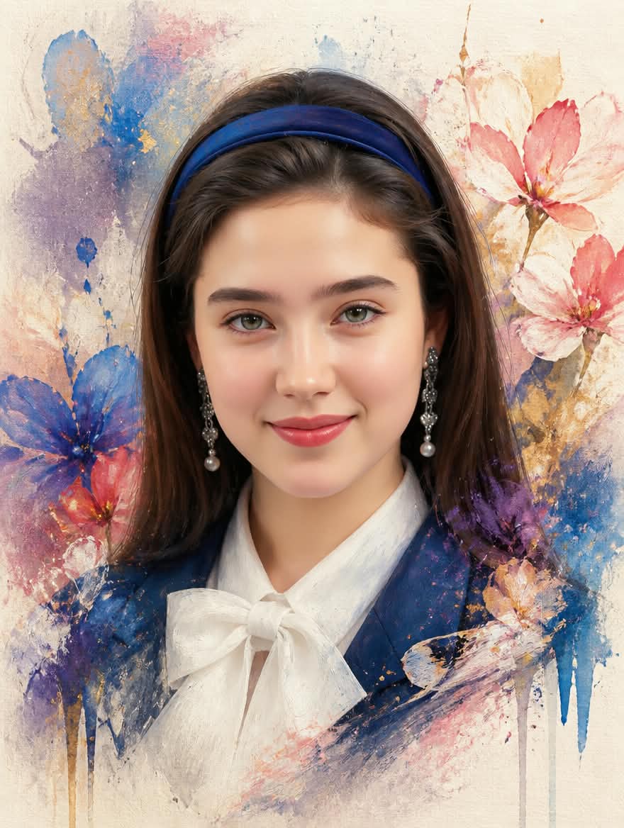 Mixed-Media Floral Fashion Portrait — AI image template example