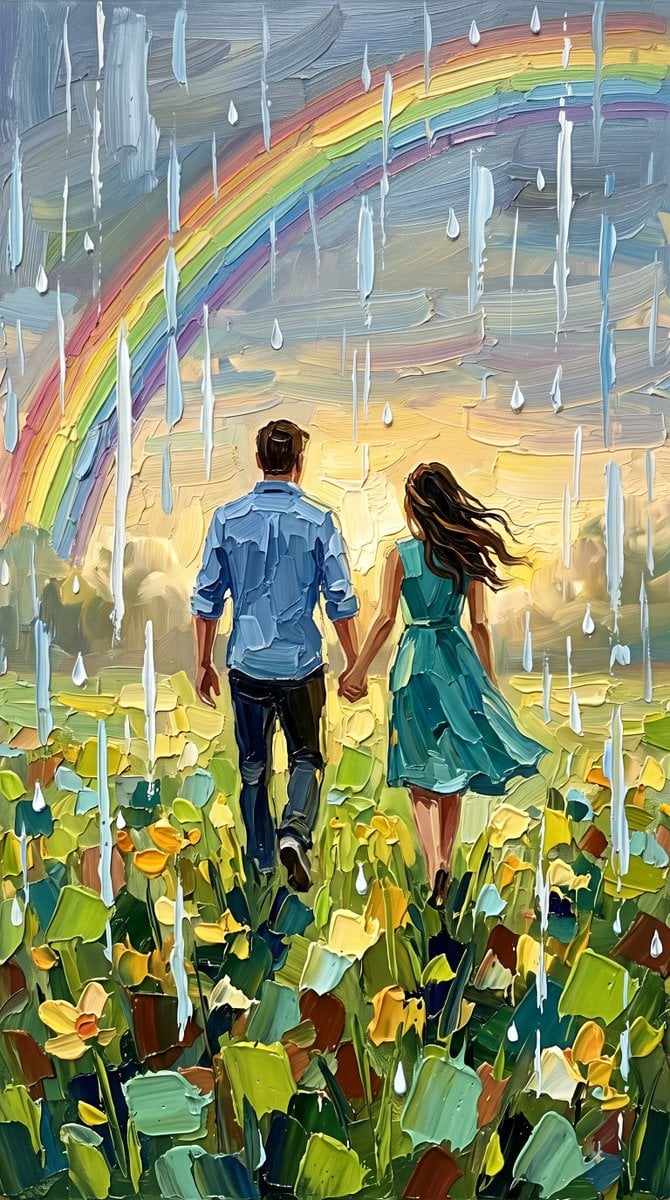 Couple in Rainy Rainbow Meadow — AI image template example