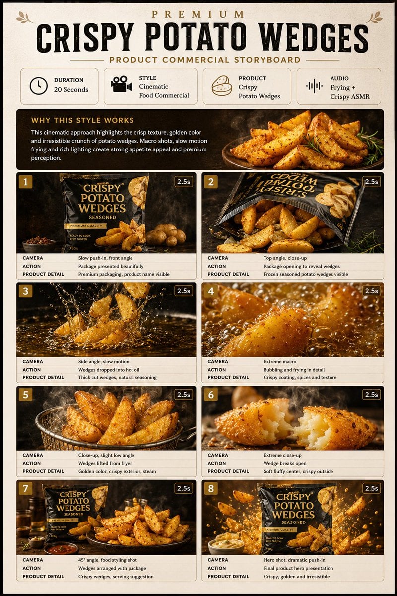 Premium Food Commercial Storyboard — AI image template example