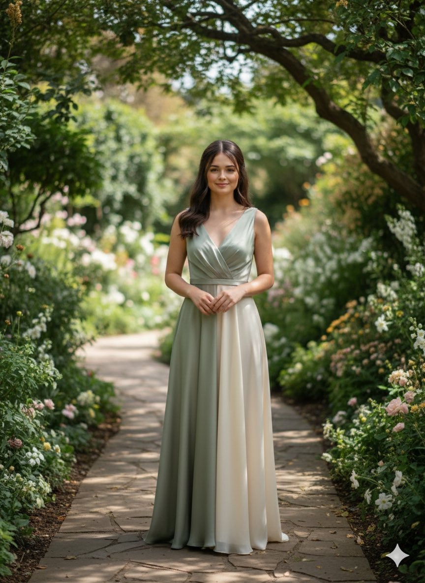 Elegant silk chiffon gown in muted sage or soft ivory, minimal drape