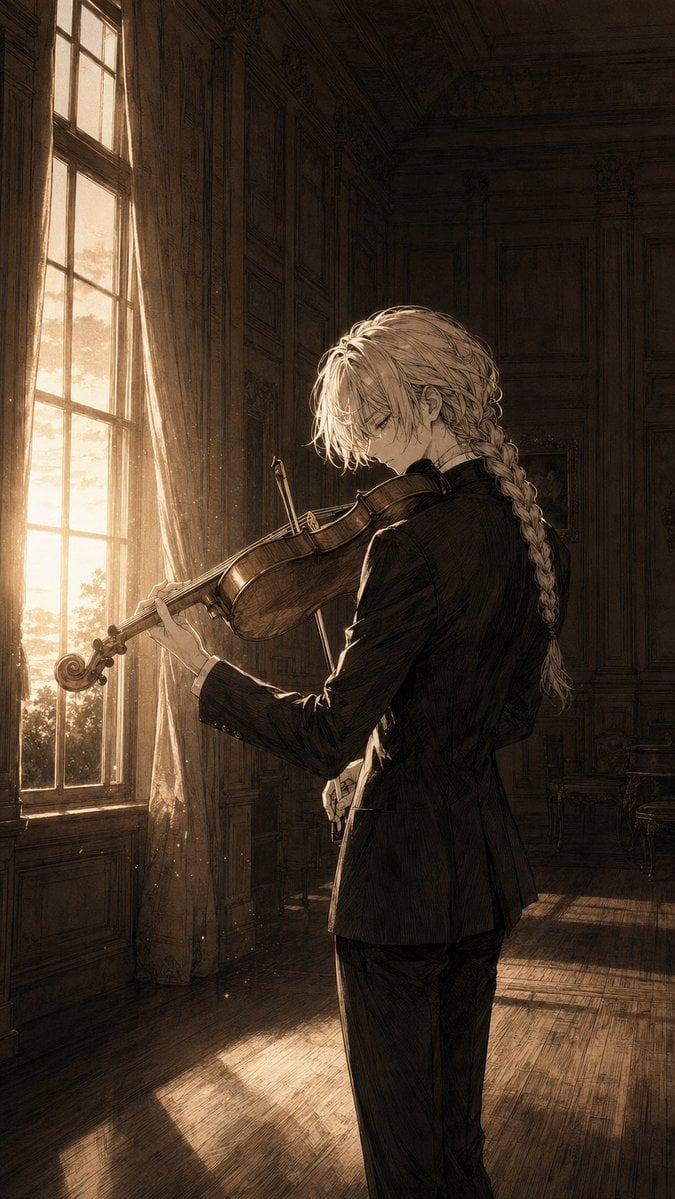 Melancholic Anime Violinist at Sunset