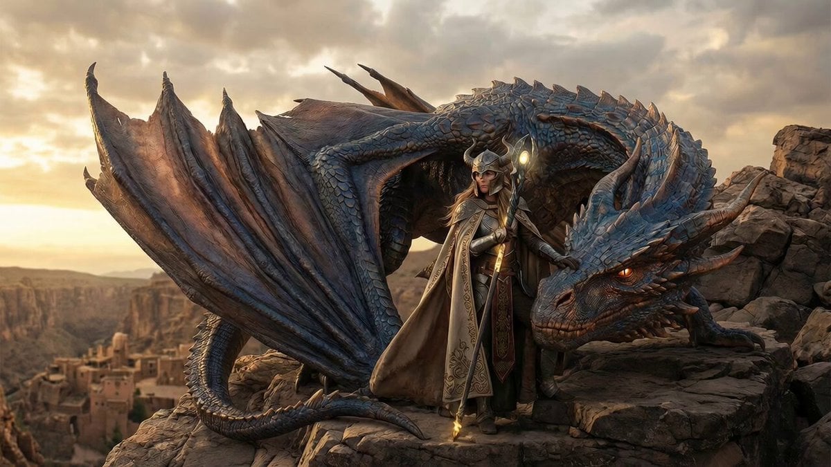 Cinematic video of a female warrior climbing onto a dragon and taking flight