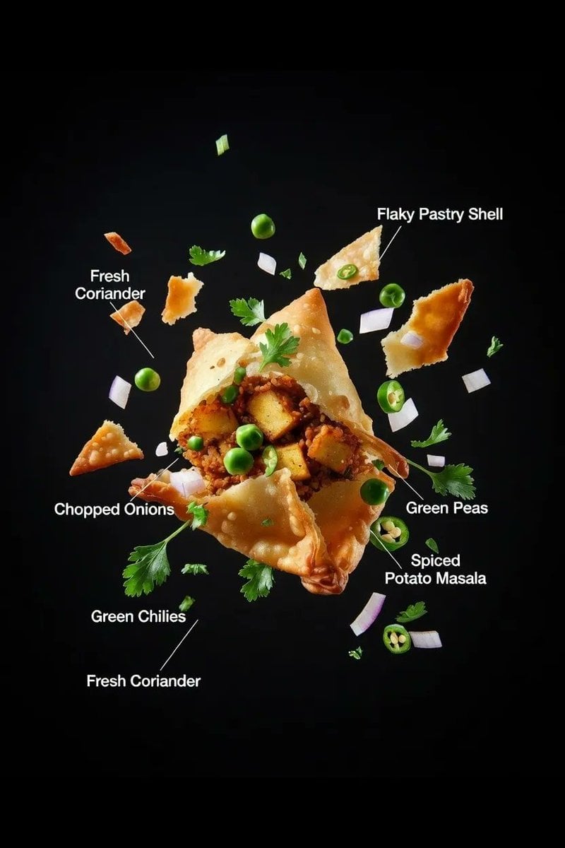 AI-generated sample for “Ultra-realistic Food Advertisement Shot of an Indian Samosa”
