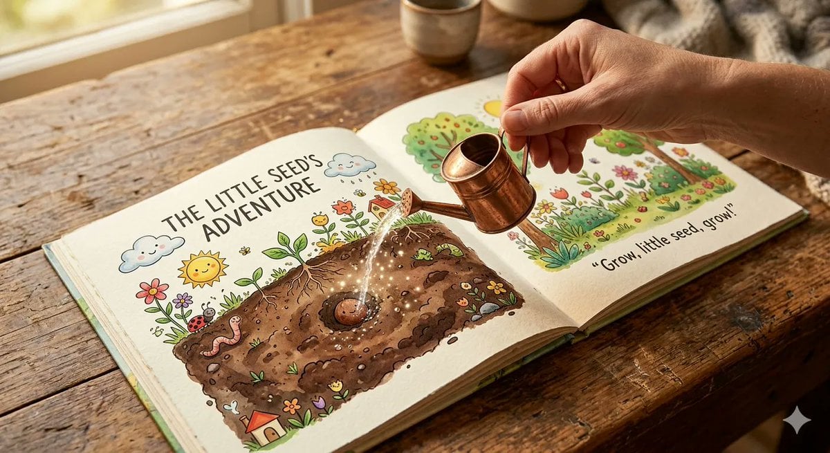 An open children s picture book rests on a wooden table, showing