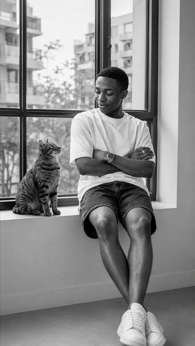 Black-and-White Windowsill Portrait — AI image template example