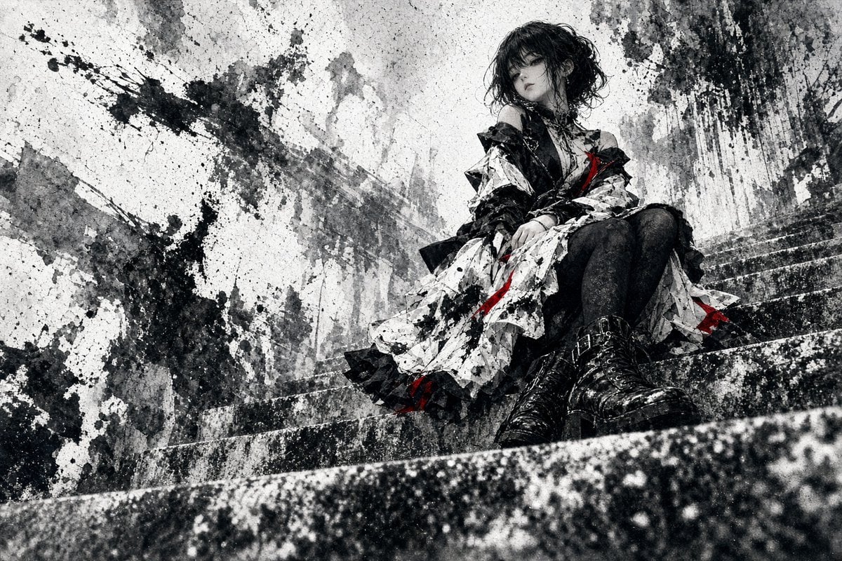 Gothic Girl on Ink-Splattered Stairs