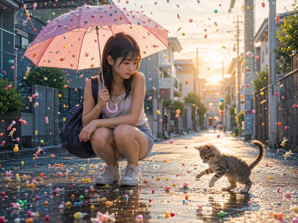 Candy Rain Street With Girl and Kitten