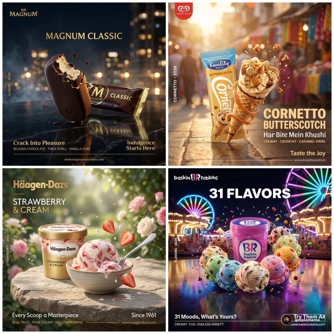 Hyper-realistic professional FMCG ice cream commercial ad poster — AI image template example