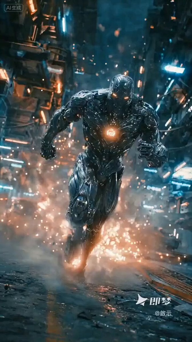 Cinematic sci-fi battle scene with a cyborg