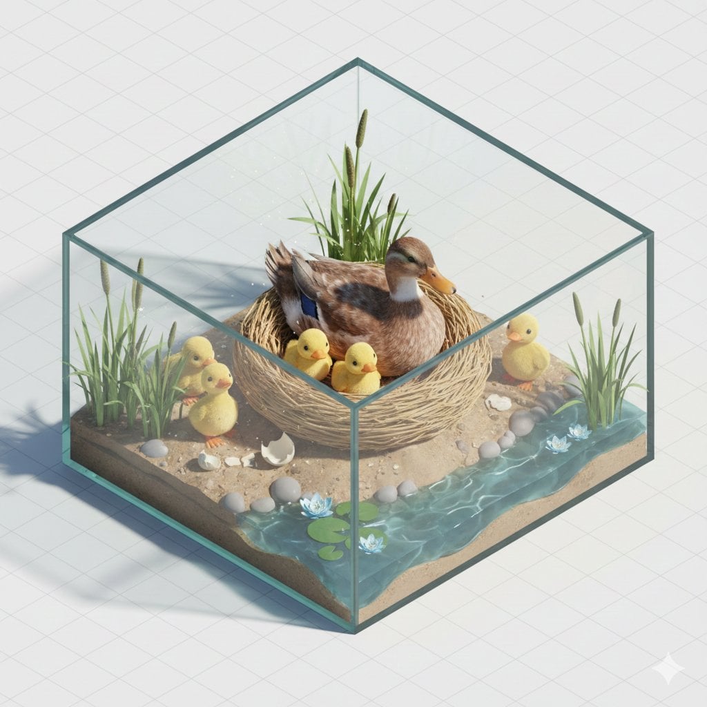 Isometric miniature nature diorama showing a mother feeding newborn