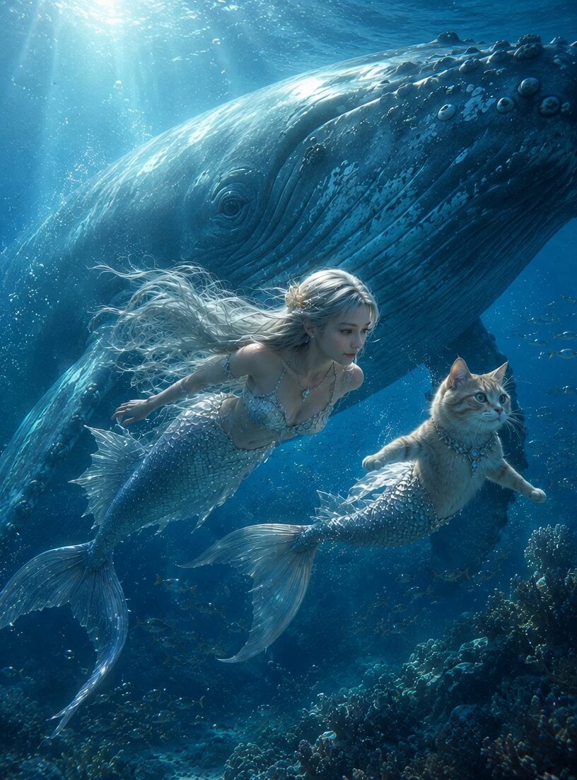 Mermaid and Cat Mermaid Underwater Fantasy