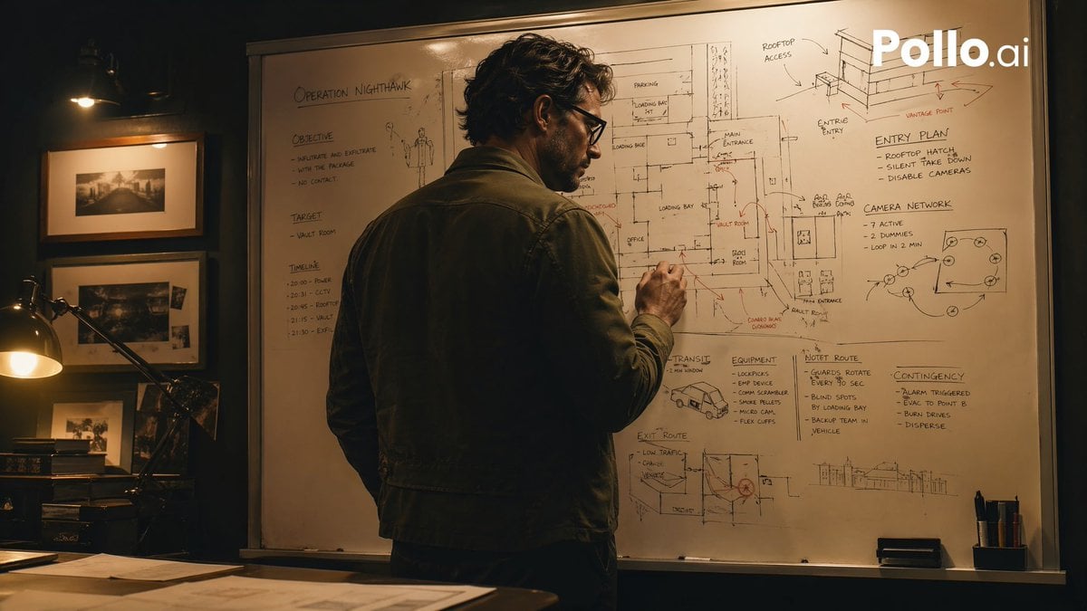 Cinematic Heist Mastermind at Whiteboard