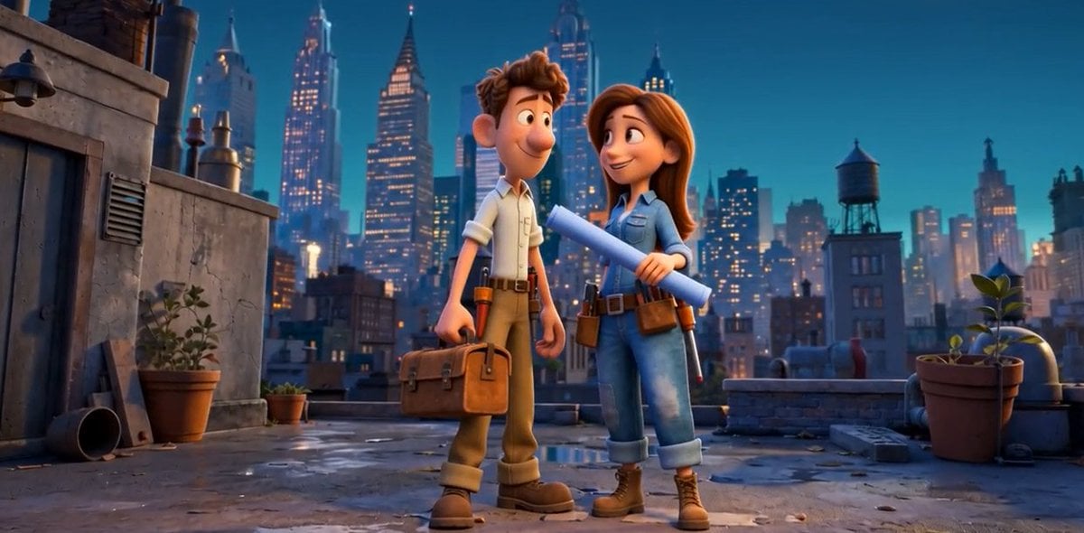 Pixar Rooftop Renovation Duo — AI image template example