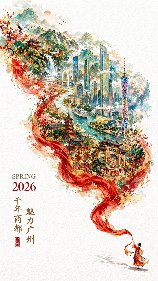 Flowing Ribbon Cityscape Watercolor Poster