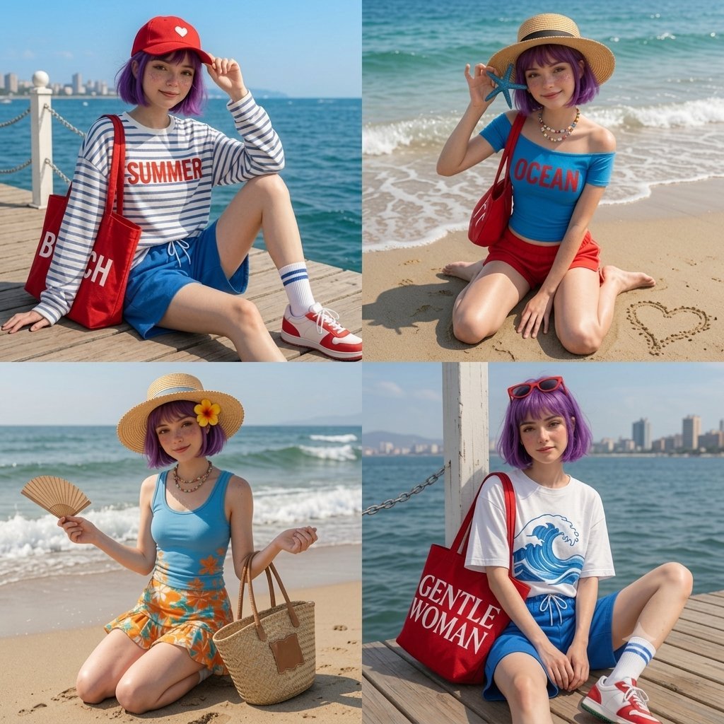 Anime Beach Day 4-Panel Grid — AI image template example