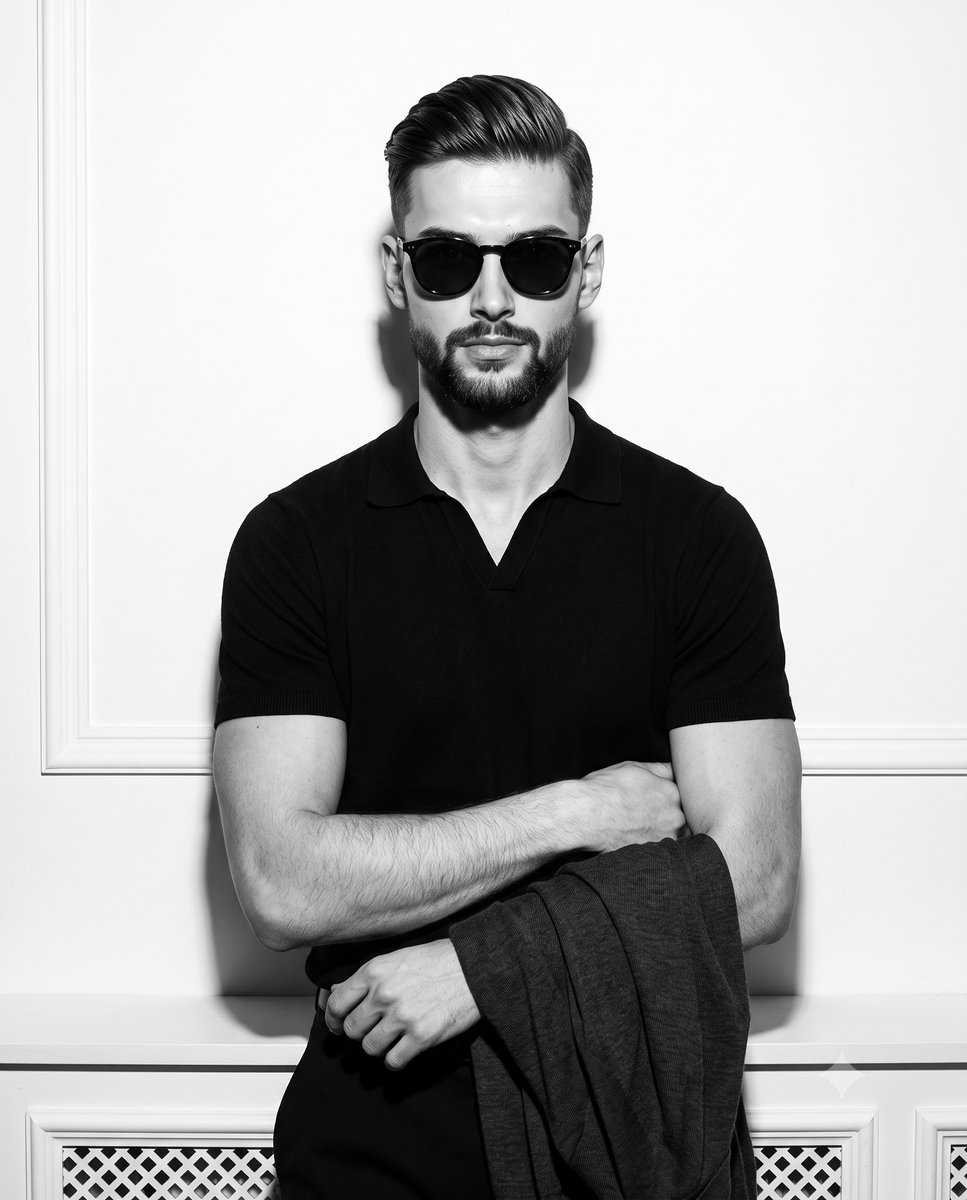 High-Fashion B&W Male Model Portrait — AI image template example