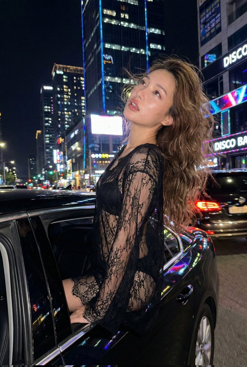 Nighttime Urban Fashion Editorial in Luxury Sedan Prompt