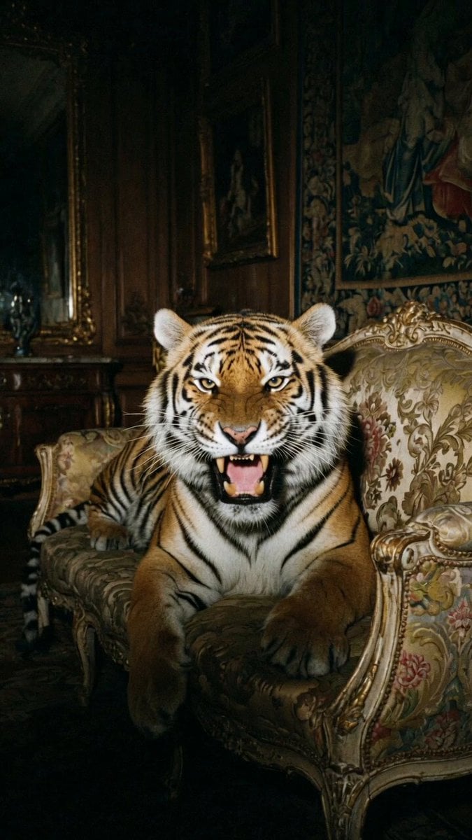 Growling Tiger on Luxury Sofa