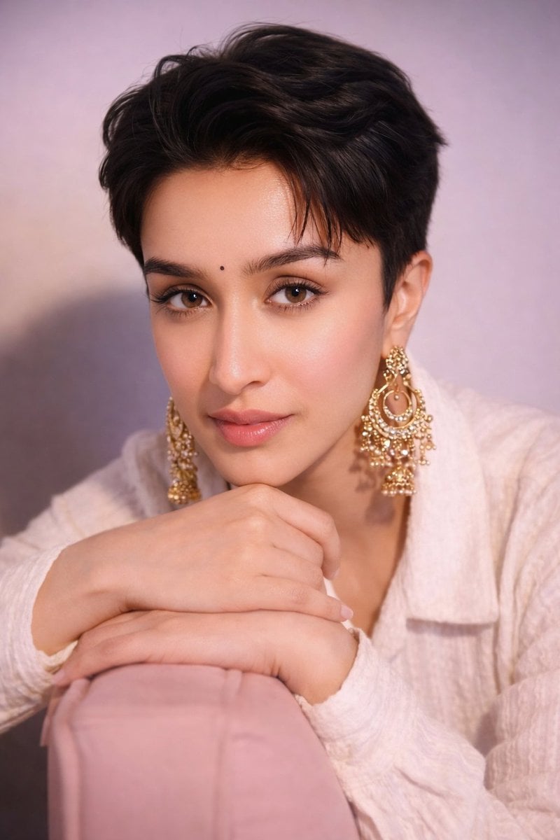 Portrait of Shraddha Kapoor with Pixie Cut and Jhumka Earrings