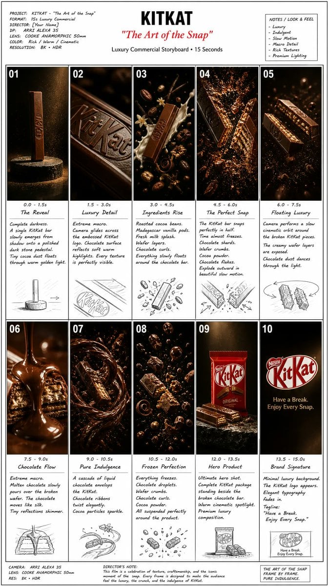 Luxury Chocolate Commercial Storyboard — AI image template example