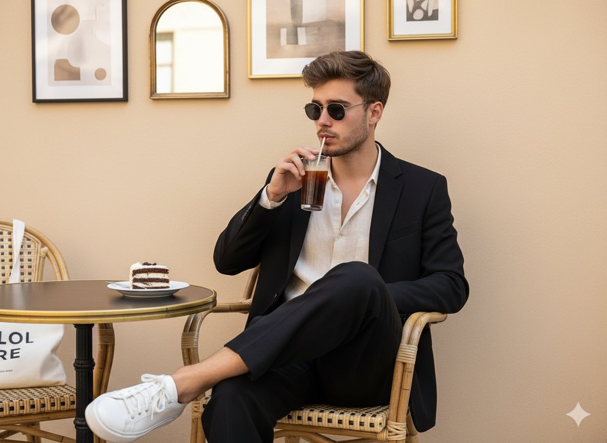 Fashionable Man in Cafe with Cake and Platform Sneakers