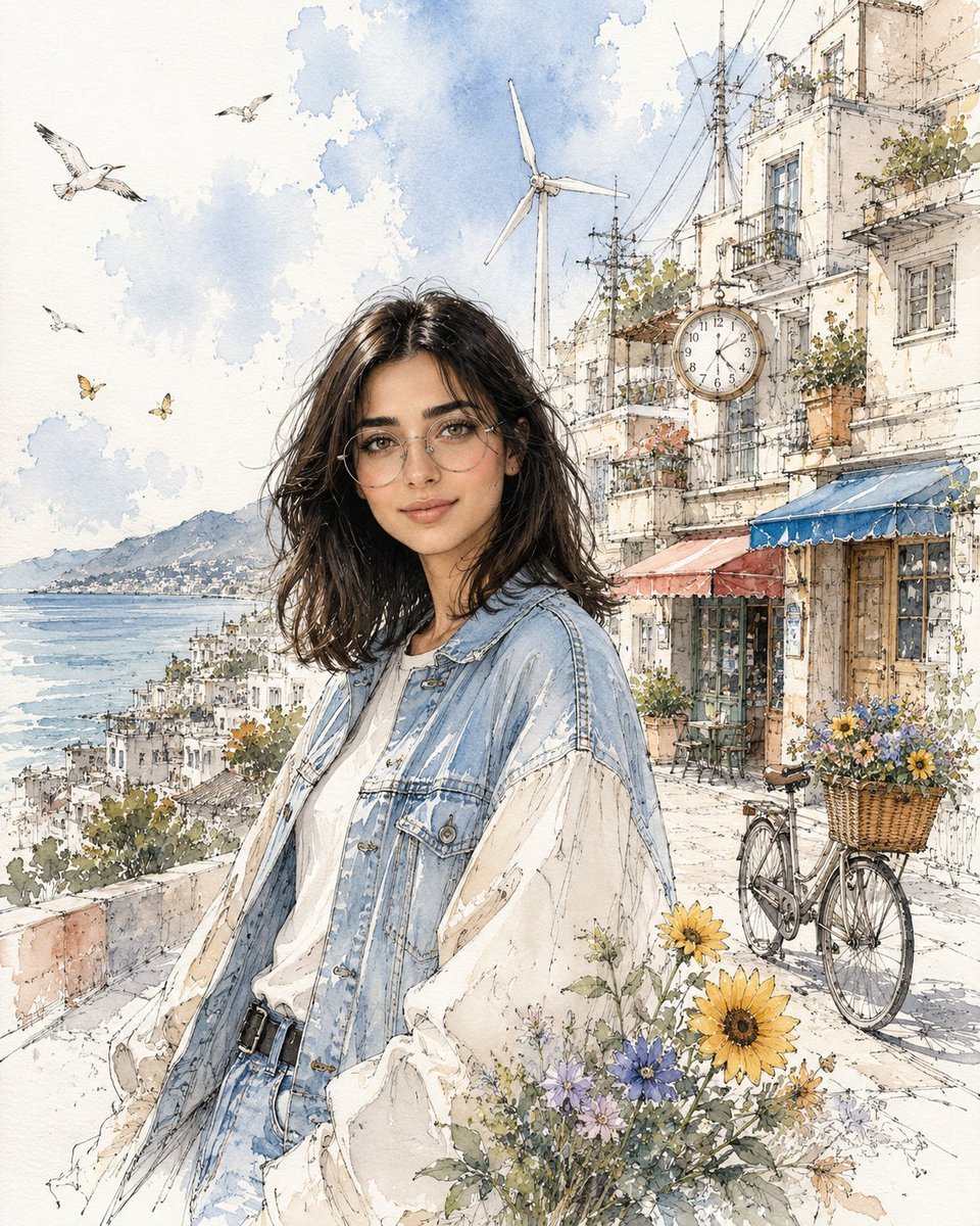Mediterranean Watercolor Travel Portrait — AI image template example
