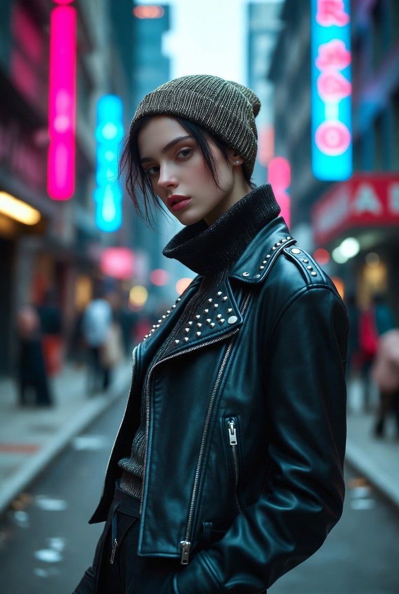 Hyper-realistic portrait of a young woman in street style at night