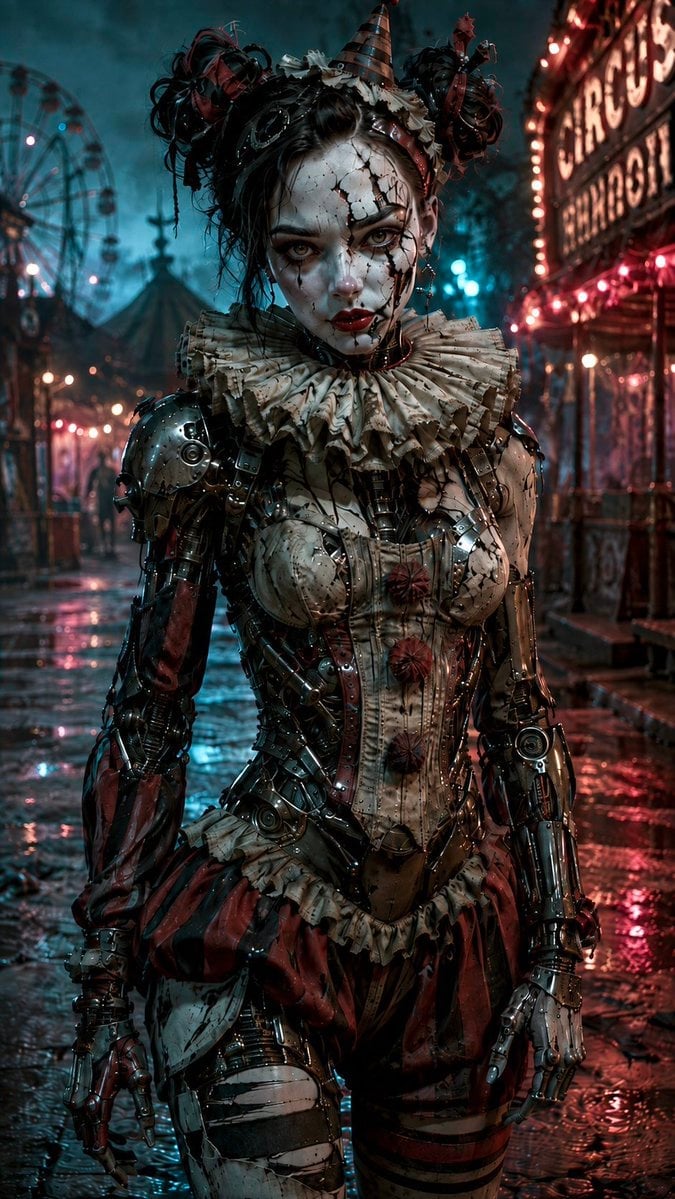 Female Clown Cyborg Cyberpunk Portrait — AI image template example