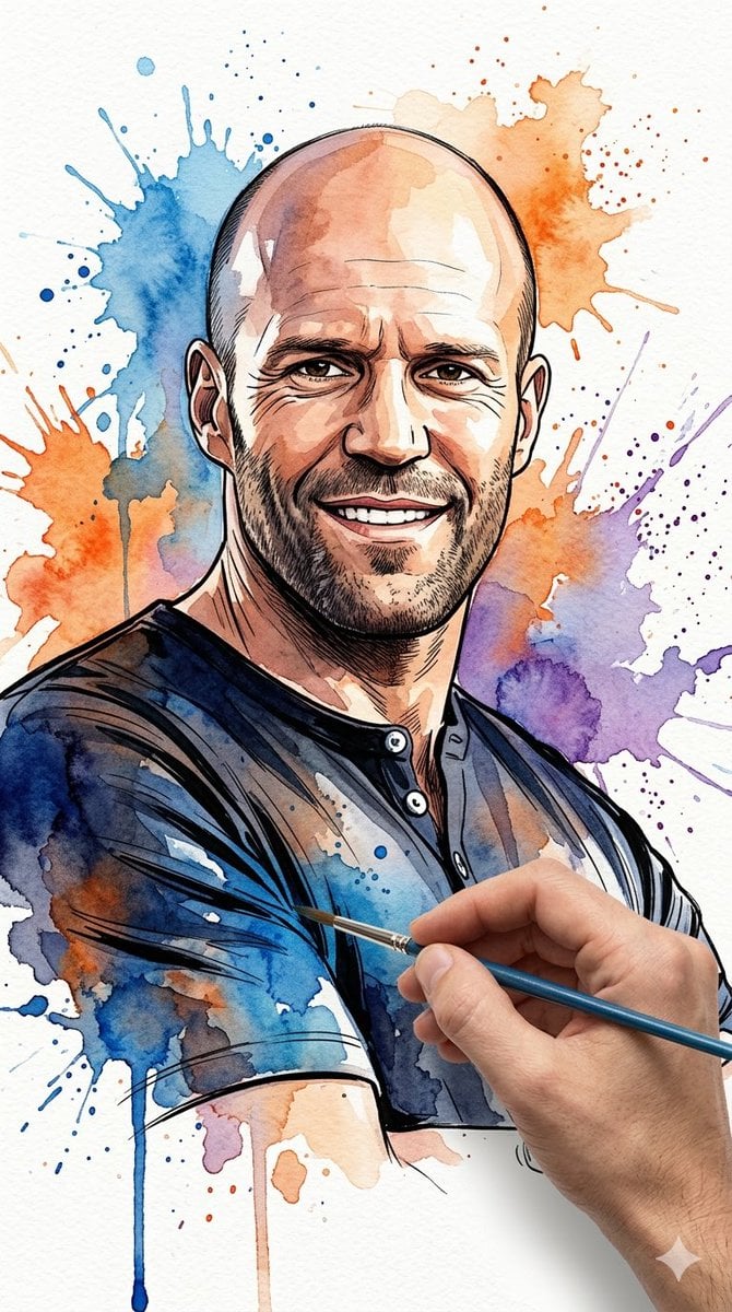 Vibrant Watercolor Portrait with Dynamic Paint Splashes