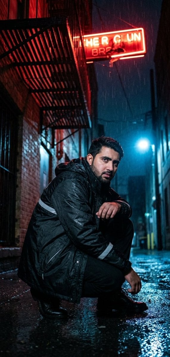 Low Angle Neon Alley Shot — AI image template example