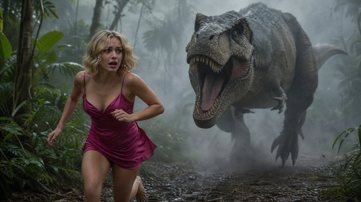 Terrified Woman Pursued by T-Rex in Jungle