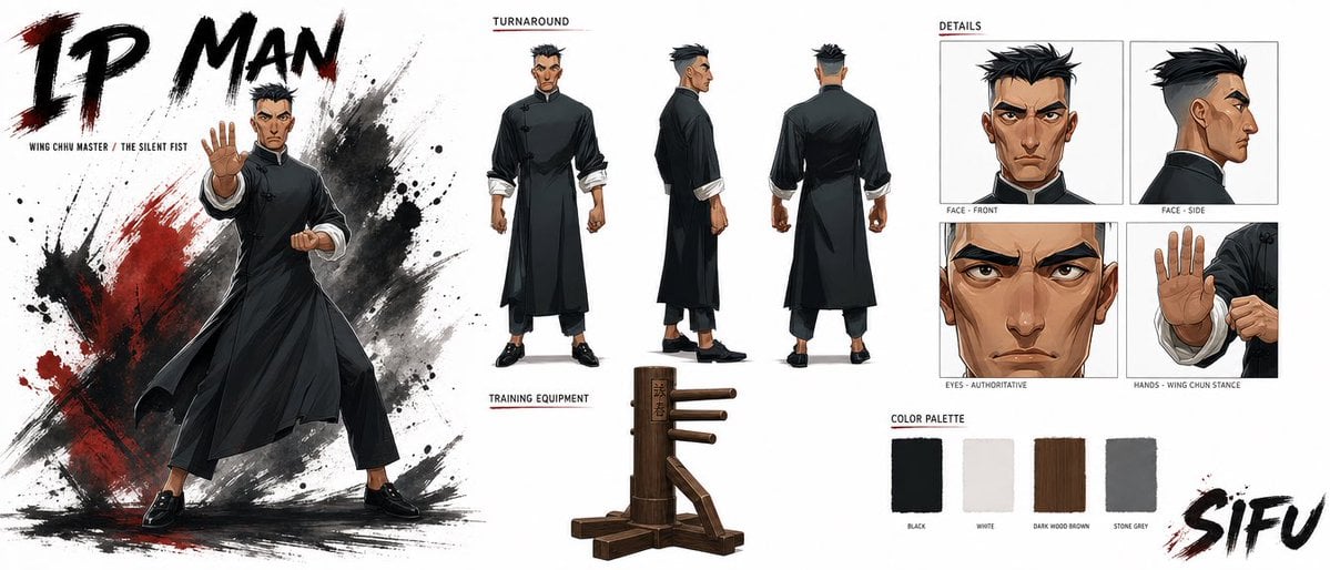 Cinematic Character Bible for Wing Chun Master — AI image template example