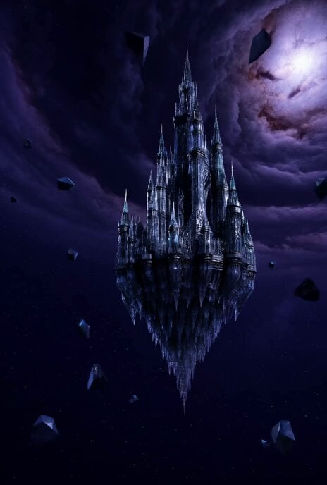 Floating Glass Castle in Cosmic Storm