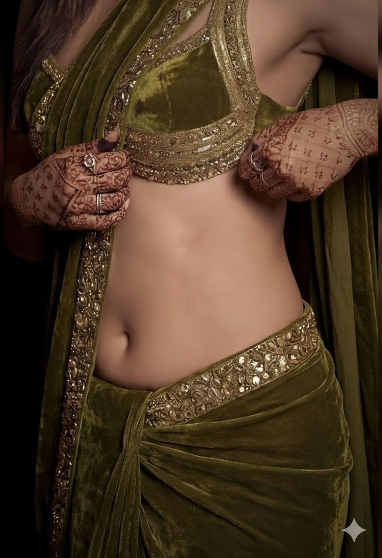 A detailed, high-fashion studio photograph of a woman posing gracefully