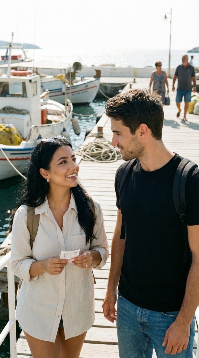 Candid Travel Romance Film Still in Aegean Harbor