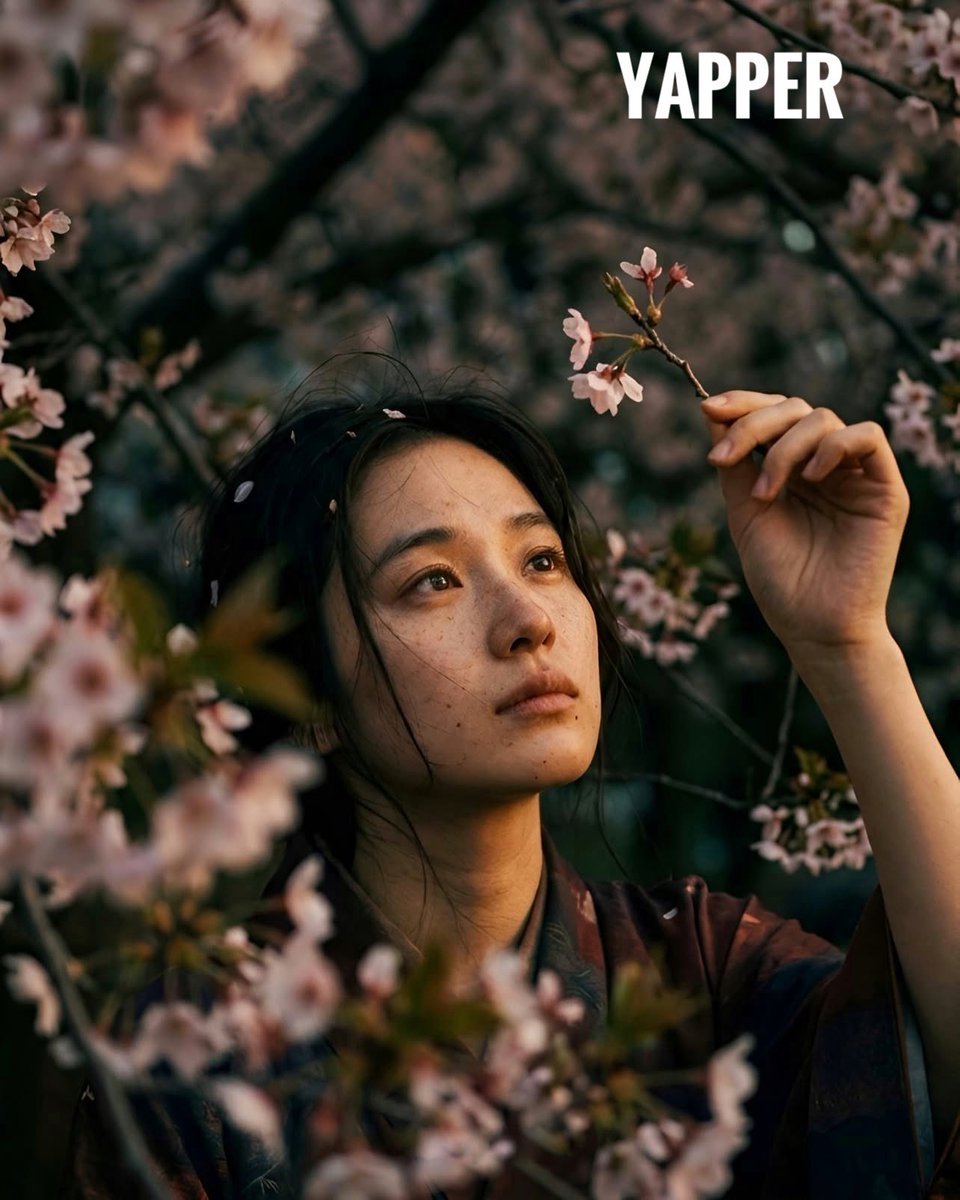 Japanese woman in vintage kimono under cherry blossoms