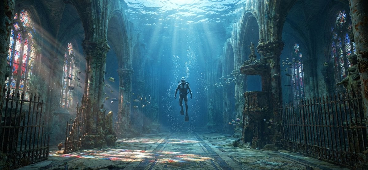 Cinematic rainy street, underwater cathedral, and design-to-photo
