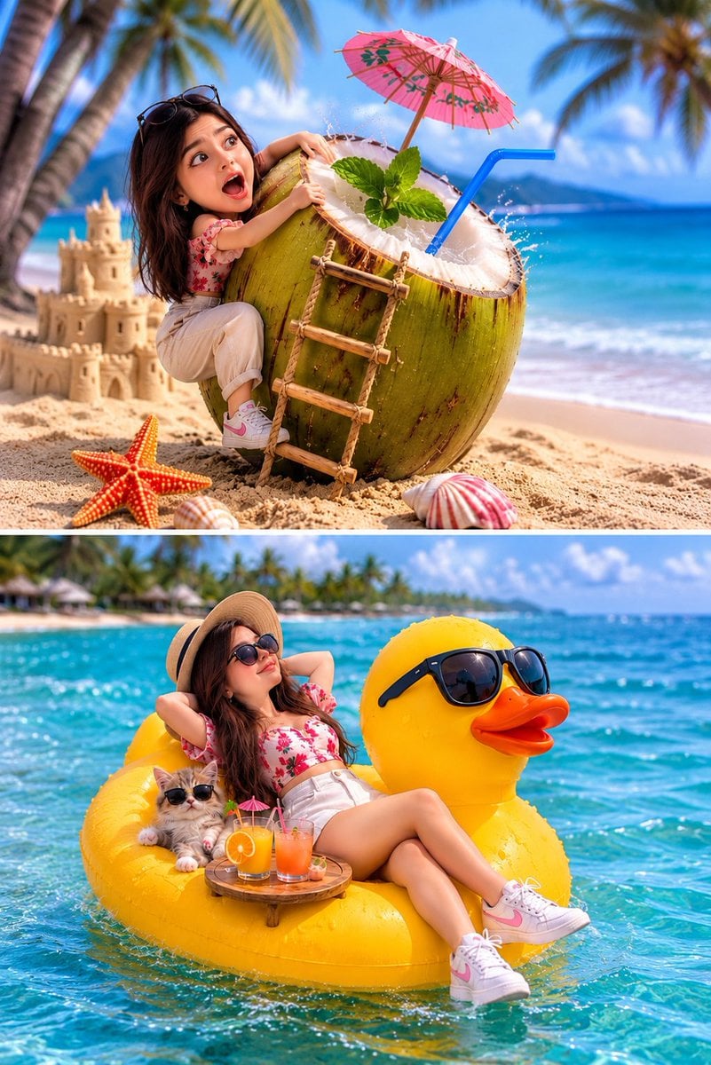Whimsical Tropical Split-Screen Vacation — AI image template example