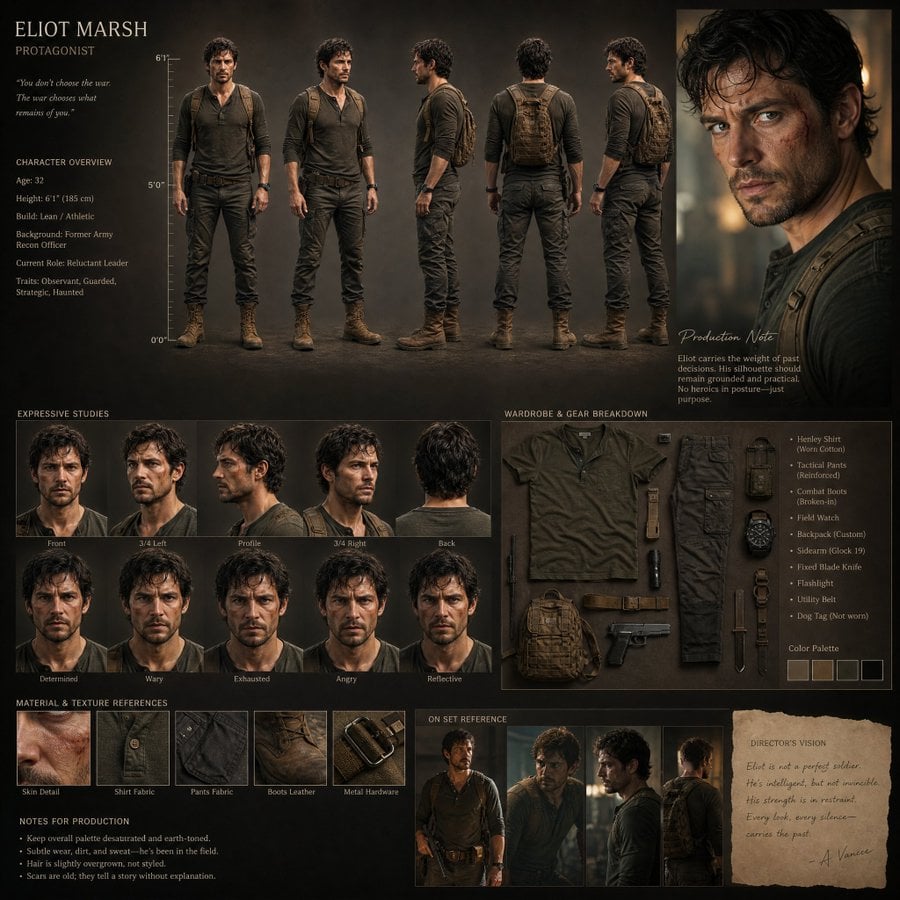 Cinematic Film Character Design Board — AI image template example